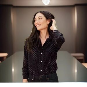 Frank &Eileen Women's Black Polka Dot Corduroy Button-Up Shirt  size large